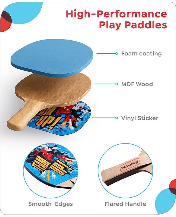 Babyhug Marvel Spiderman Wooden Table Tennis Trainer Toy Ping Pong Paddle Set for Kids|Portable Activity And Exercise Sports Toy with 2 Balls and 2 Wooden Rackets