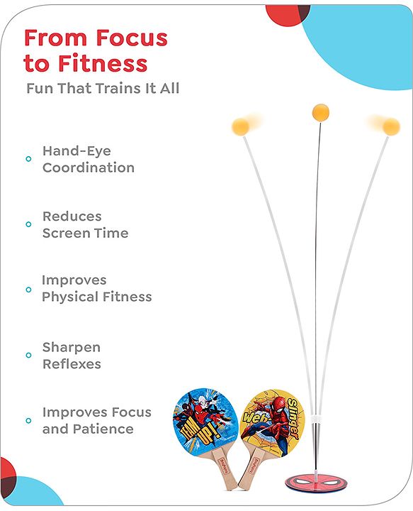 Babyhug Marvel Spiderman Wooden Table Tennis Trainer Toy Ping Pong Paddle Set for Kids|Portable Activity And Exercise Sports Toy with 2 Balls and 2 Wooden Rackets