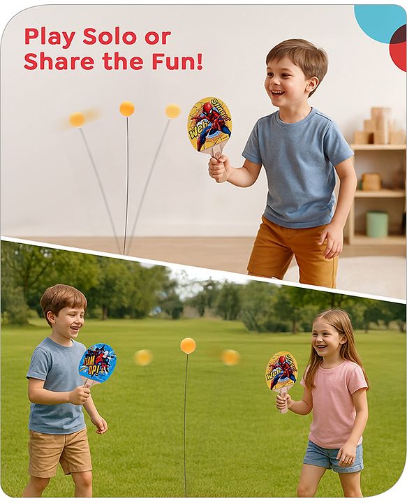 Babyhug Marvel Spiderman Wooden Table Tennis Trainer Toy Ping Pong Paddle Set for Kids|Portable Activity And Exercise Sports Toy with 2 Balls and 2 Wooden Rackets