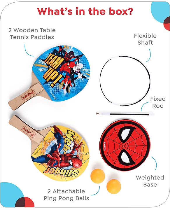 Babyhug Marvel Spiderman Wooden Table Tennis Trainer Toy Ping Pong Paddle Set for Kids|Portable Activity And Exercise Sports Toy with 2 Balls and 2 Wooden Rackets