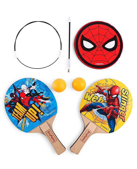Babyhug Marvel Spiderman Wooden Table Tennis Trainer Toy Ping Pong Paddle Set for Kids|Portable Activity And Exercise Sports Toy with 2 Balls and 2 Wooden Rackets