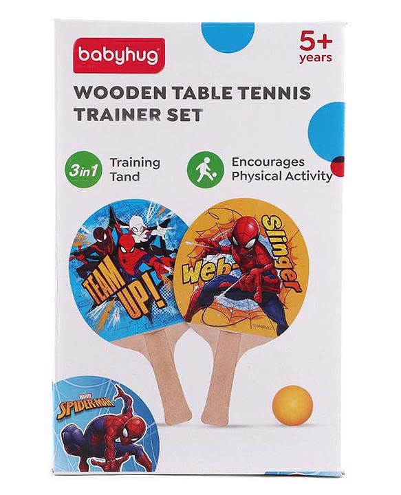Babyhug Marvel Spiderman Wooden Table Tennis Trainer Toy Ping Pong Paddle Set for Kids|Portable Activity And Exercise Sports Toy with 2 Balls and 2 Wooden Rackets