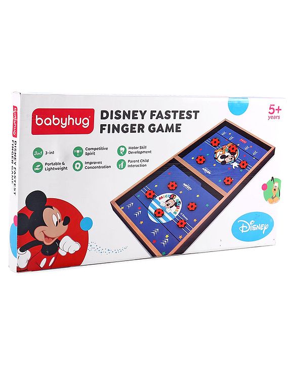 Babyhug Disney Mickey & Friends Theme 3 in 1 Fastest Finger Game |Improves Hand eye Co-ordination| Learning and Educational Toy| Family Board Game with Sling Puck Board,Ludo Snake & Ladder|Indoor Toys & Games for Kids.