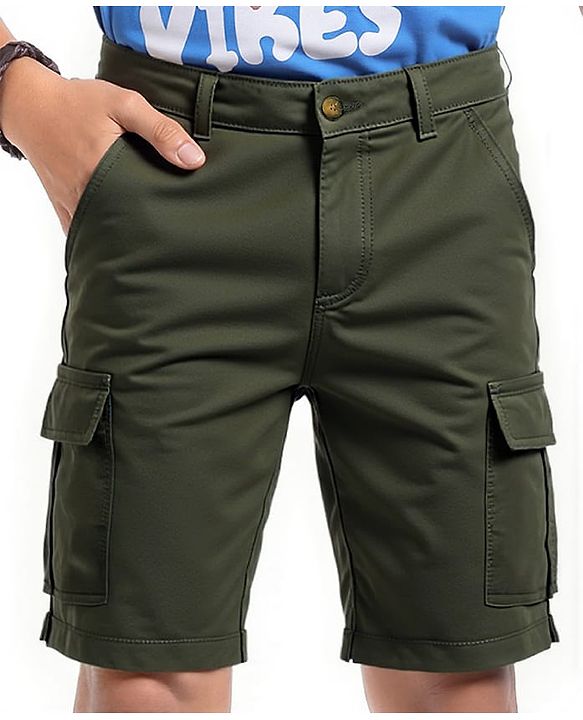 Pine Kids Cotton Elastane Woven Above Knee Length Solid Color Shorts - Olive Green