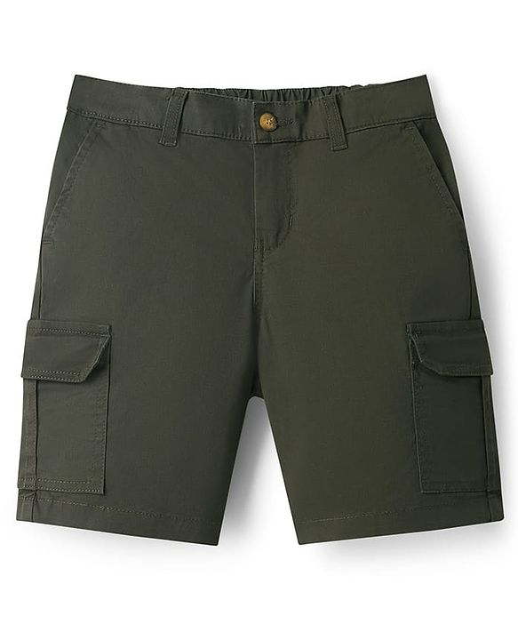 Pine Kids Cotton Elastane Woven Above Knee Length Solid Color Shorts - Olive Green