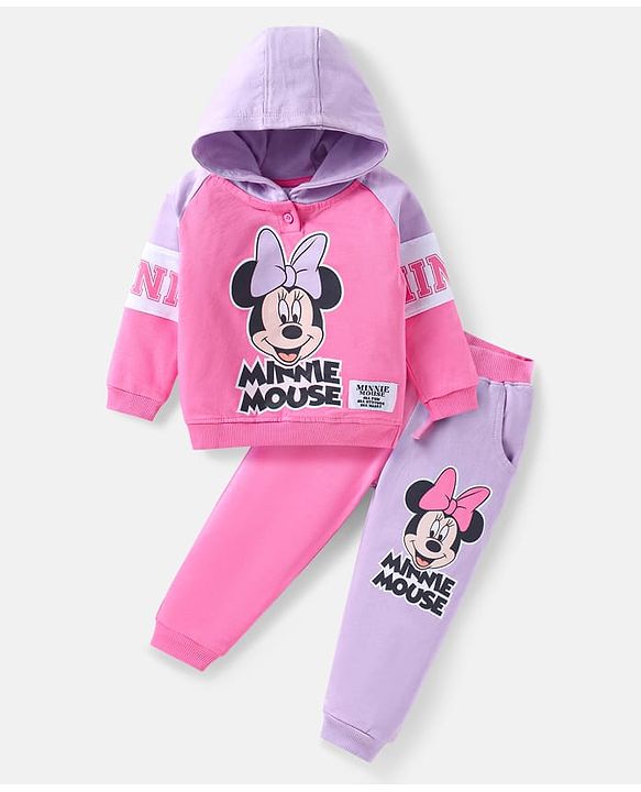 Babyhug Disney Terry Knit Full Raglan Sleeves Hooded Sweatshirt & Lounge Pant with Minnie Mouse Graphics - Pink & Lilac