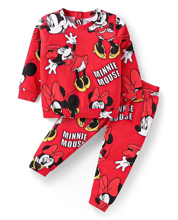 Babyhug Disney Terry Knit Full Sleeves Sweatshirt & Lounge Pant Set with Minnie Mouse - Red