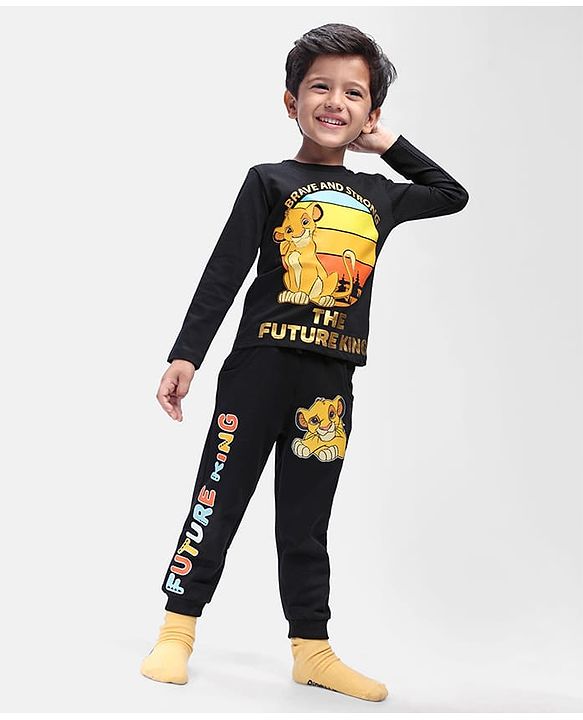 Babyhug Disney Single Jersey Knit Full Sleeves T-Shirt & Lounge Pant Set With Lion King Graphics - Black