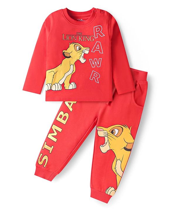 Babyhug Disney Single Jersey Knit Full Sleeves T-Shirt & Lounge Pant Set With Lion King Graphics - Red
