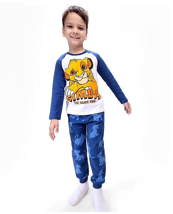 Babyhug Disney Single Jersey Knit Full Raglan Sleeves T-Shirt & Lounge Pant Set With Lion King Graphics - Blue & White