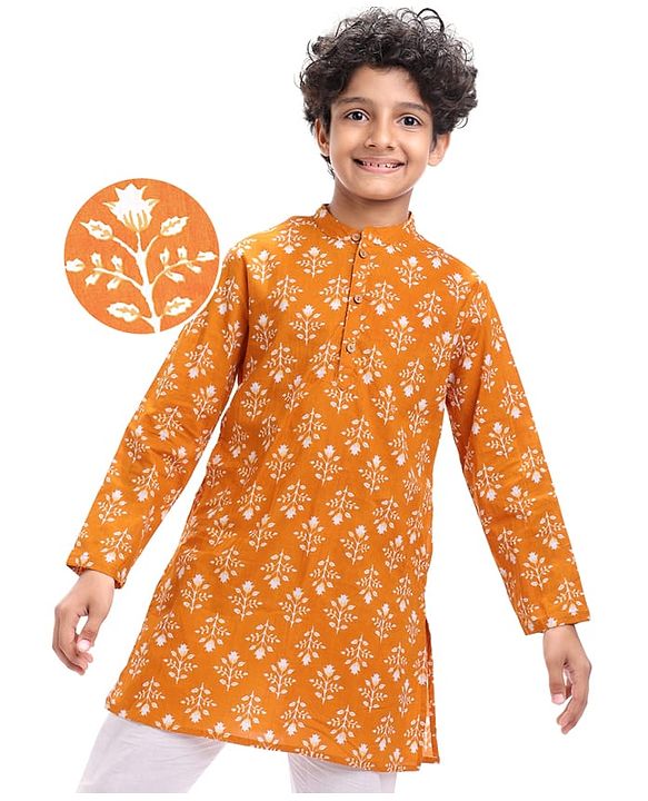 Pine Kids Cotton Woven Full Sleeves Floral Printed Kurta - Orange