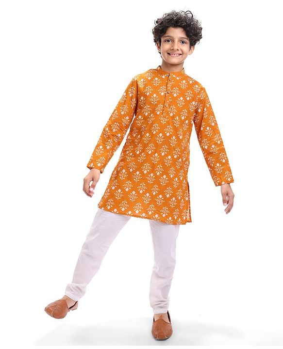 Pine Kids Cotton Woven Full Sleeves Floral Printed Kurta - Orange