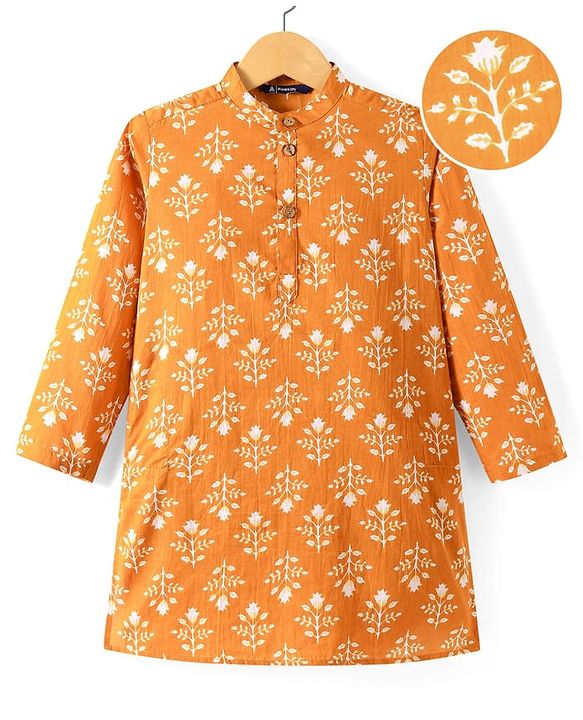 Pine Kids Cotton Woven Full Sleeves Floral Printed Kurta - Orange
