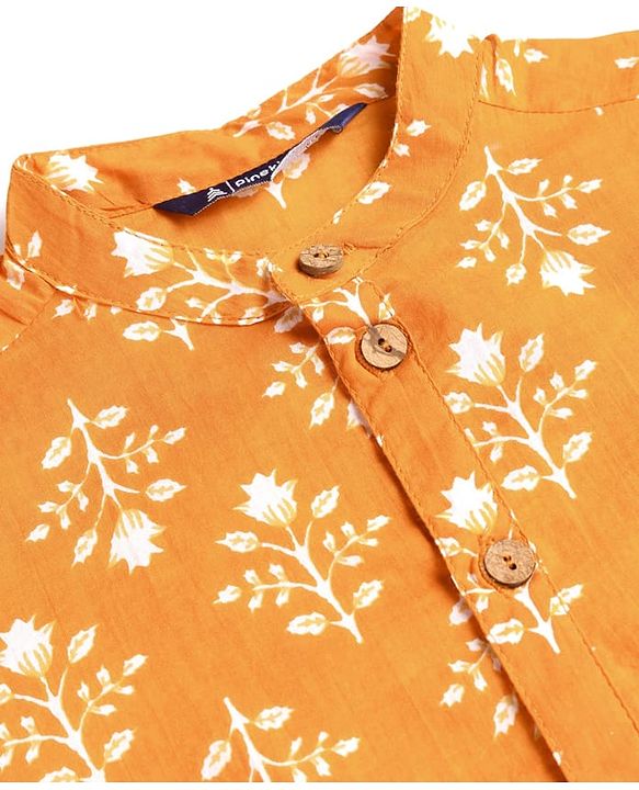 Pine Kids Cotton Woven Full Sleeves Floral Printed Kurta - Orange
