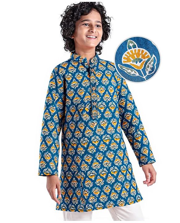 Pine Kids Cotton Woven Full Sleeves Ajrakh Floral Printed Kurta - Navy Blue