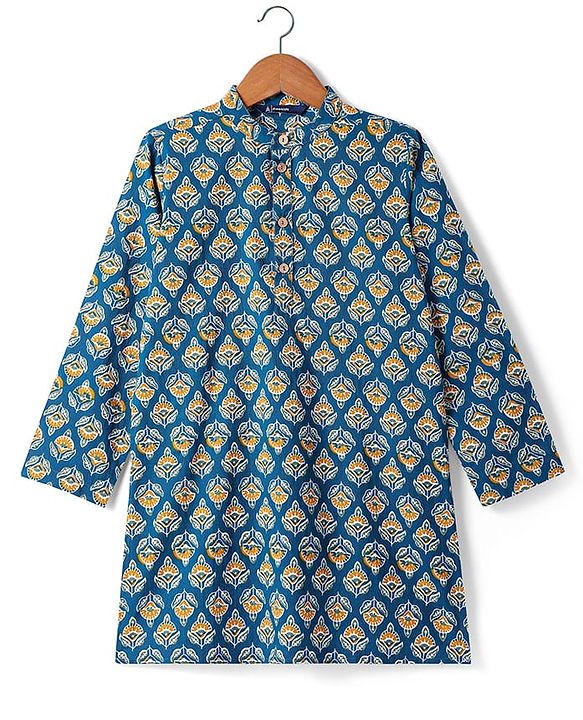Pine Kids Cotton Woven Full Sleeves Ajrakh Floral Printed Kurta - Navy Blue