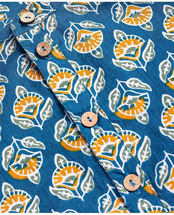 Pine Kids Cotton Woven Full Sleeves Ajrakh Floral Printed Kurta - Navy Blue