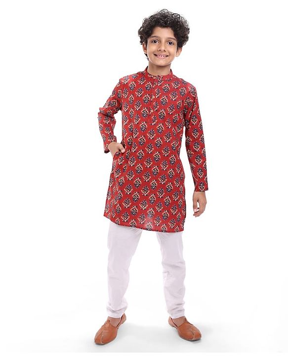 Pine Kids Cotton Woven Full Sleeves Floral Printed Kurta - Dark Red