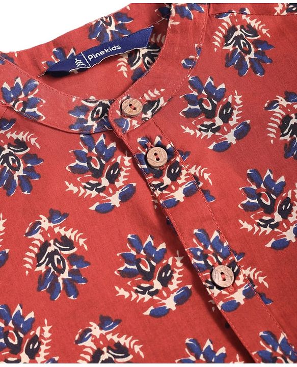 Pine Kids Cotton Woven Full Sleeves Floral Printed Kurta - Dark Red