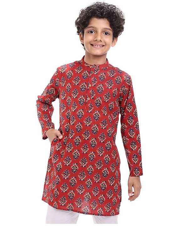 Pine Kids Cotton Woven Full Sleeves Floral Printed Kurta - Dark Red