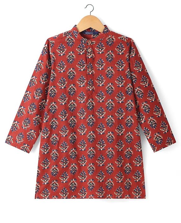 Pine Kids Cotton Woven Full Sleeves Floral Printed Kurta - Dark Red