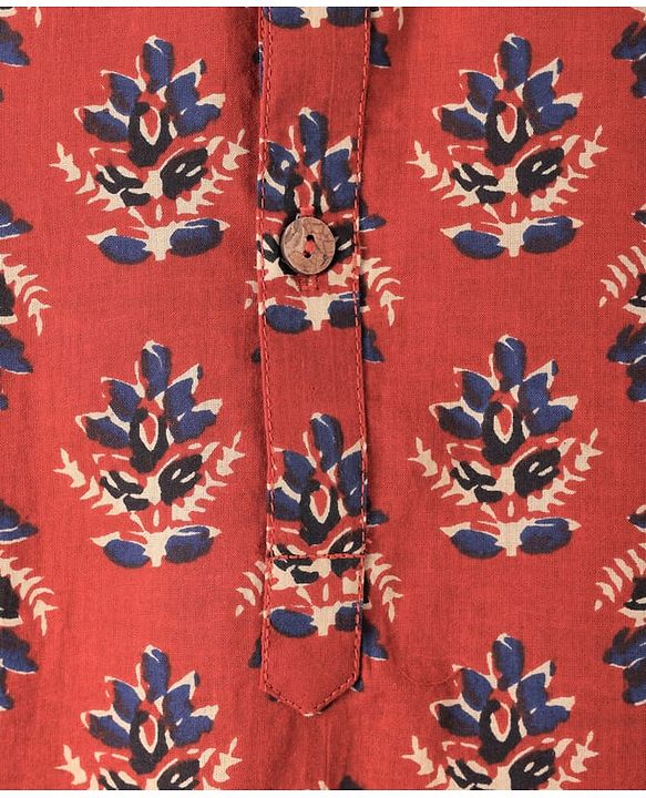 Pine Kids Cotton Woven Full Sleeves Floral Printed Kurta - Dark Red