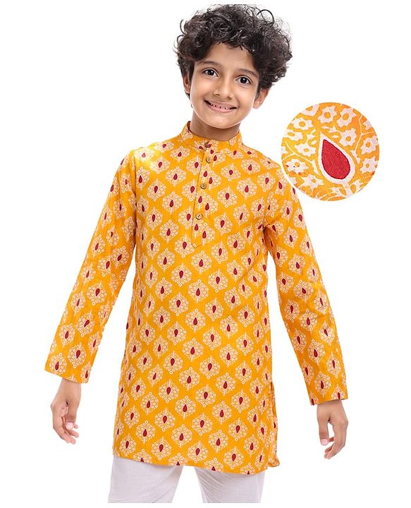 Pine Kids Cotton Woven Full Sleeves Kurta with Floral Print - Mustard Yellow