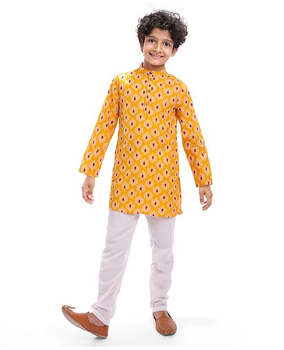 Pine Kids Cotton Woven Full Sleeves Kurta with Floral Print - Mustard Yellow