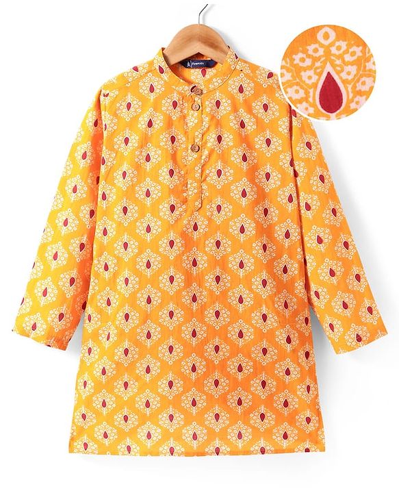 Pine Kids Cotton Woven Full Sleeves Kurta with Floral Print - Mustard Yellow