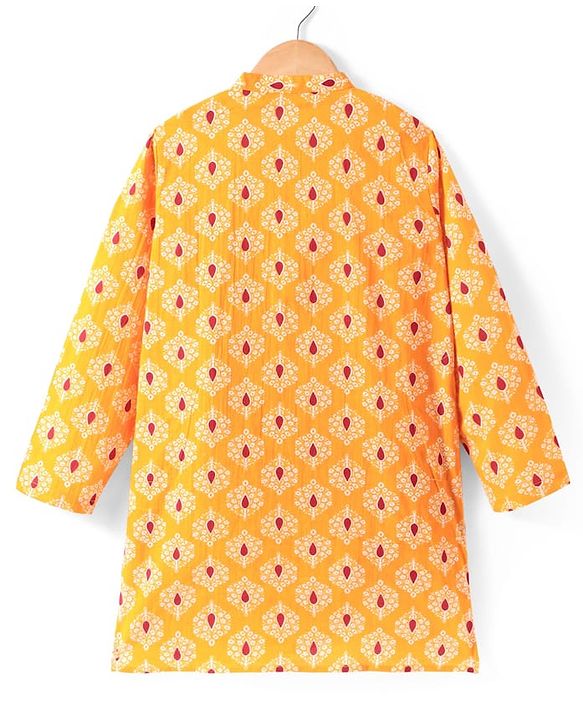 Pine Kids Cotton Woven Full Sleeves Kurta with Floral Print - Mustard Yellow
