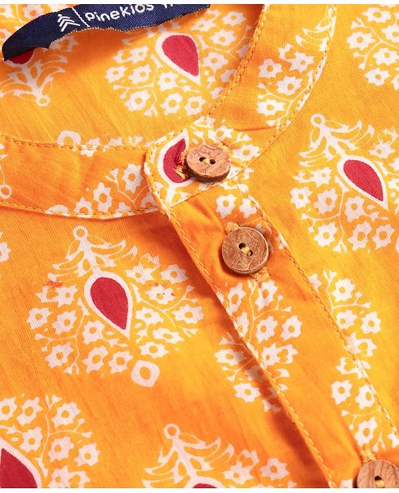 Pine Kids Cotton Woven Full Sleeves Kurta with Floral Print - Mustard Yellow