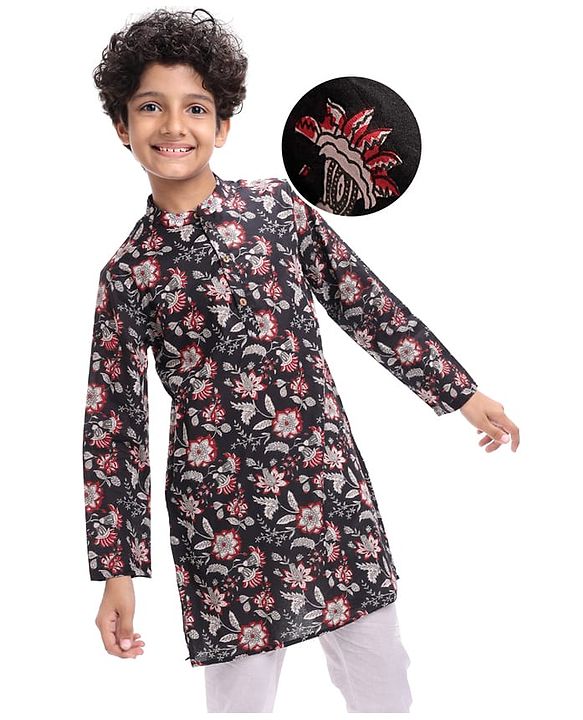 Pine Kids Cotton Woven Full Sleeves Kurta with Floral Print - Black