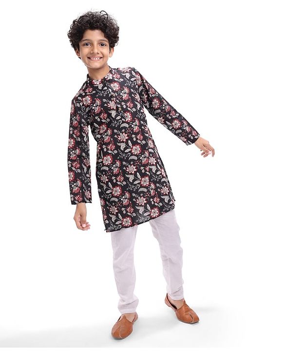 Pine Kids Cotton Woven Full Sleeves Kurta with Floral Print - Black