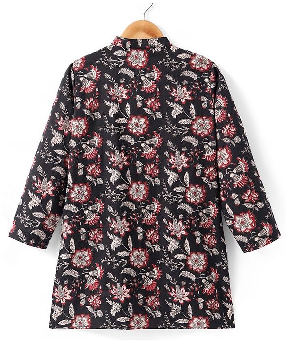 Pine Kids Cotton Woven Full Sleeves Kurta with Floral Print - Black