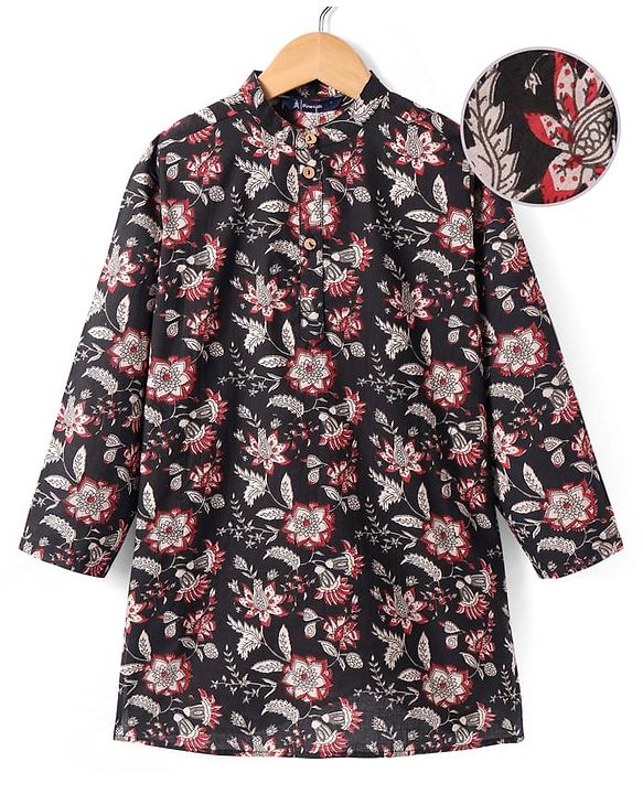 Pine Kids Cotton Woven Full Sleeves Kurta with Floral Print - Black