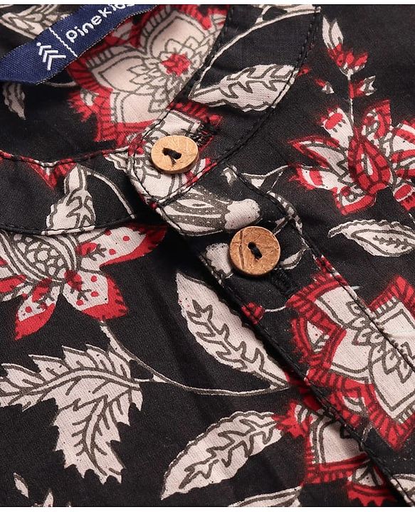 Pine Kids Cotton Woven Full Sleeves Kurta with Floral Print - Black