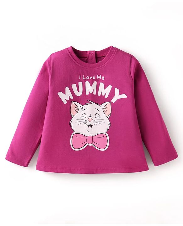 Babyhug Disney Single Jersey Knit Full Sleeves Night Suit with Aristocats Marie Print - Dark Pink
