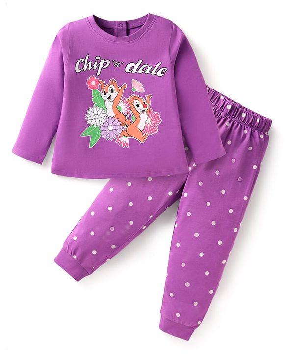 Babyhug Disney Single Jersey Knit Full Sleeves Night Suit with Chip N Dale Print - Purple