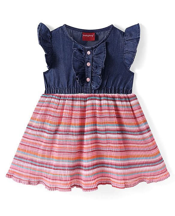 Babyhug Cotton Woven Frill Sleeves Striped Frock With Frill Detailing - Blue & Red