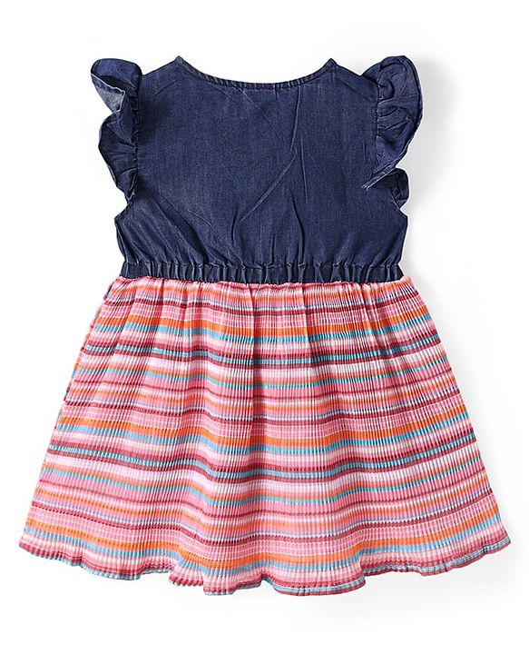 Babyhug Cotton Woven Frill Sleeves Striped Frock With Frill Detailing - Blue & Red