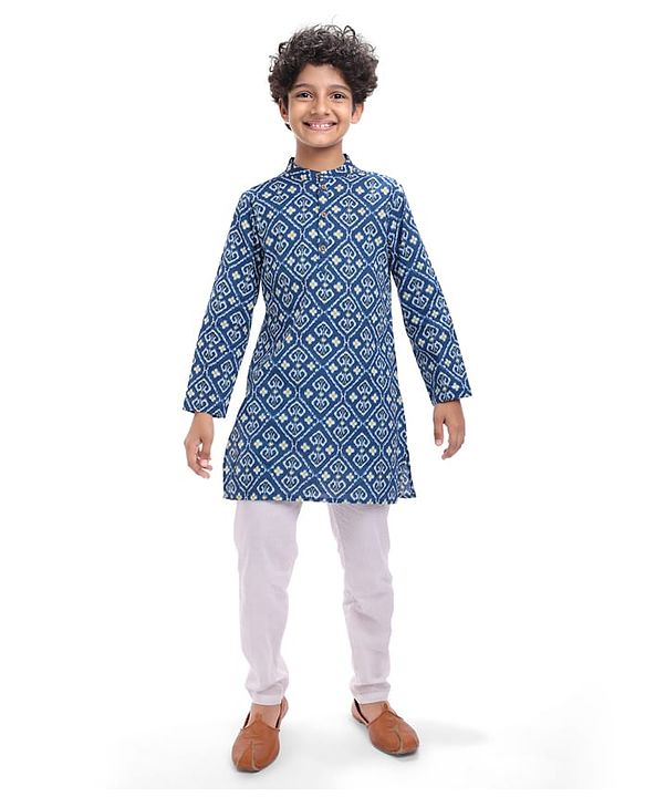 Pine Kids Cotton Woven Full Sleeves Kurta & Pyjama Set with Floral Print - Navy Blue