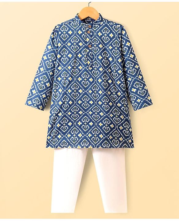 Pine Kids Cotton Woven Full Sleeves Kurta & Pyjama Set with Floral Print - Navy Blue