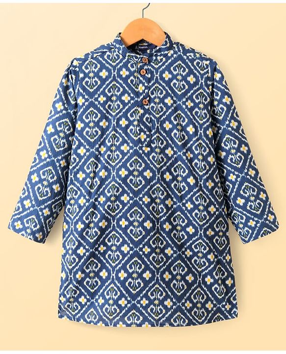 Pine Kids Cotton Woven Full Sleeves Kurta & Pyjama Set with Floral Print - Navy Blue