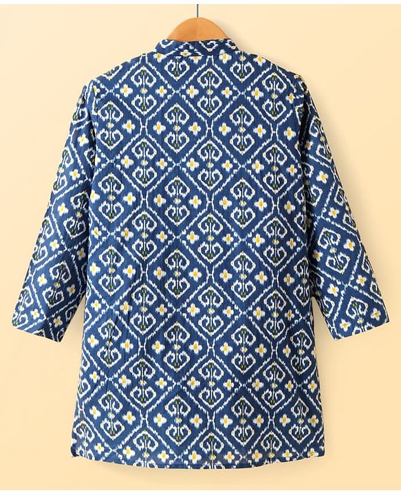 Pine Kids Cotton Woven Full Sleeves Kurta & Pyjama Set with Floral Print - Navy Blue