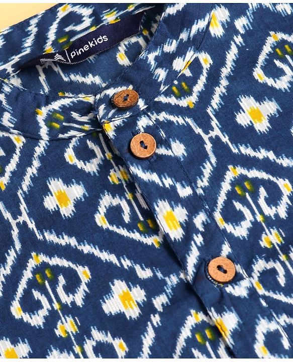 Pine Kids Cotton Woven Full Sleeves Kurta & Pyjama Set with Floral Print - Navy Blue