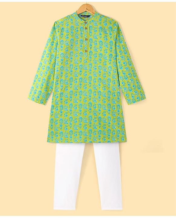 Pine Kids Cotton Woven Full Sleeves Kurta Pyjama Set with Floral Print - Lime Green
