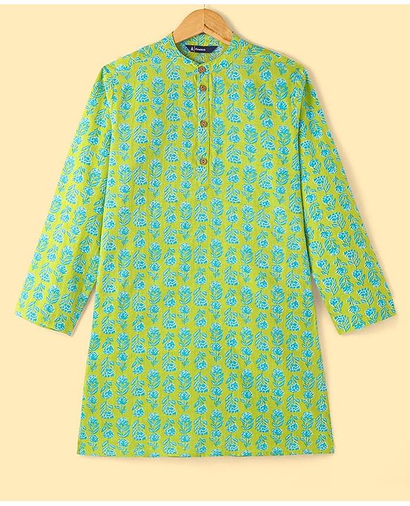 Pine Kids Cotton Woven Full Sleeves Kurta Pyjama Set with Floral Print - Lime Green