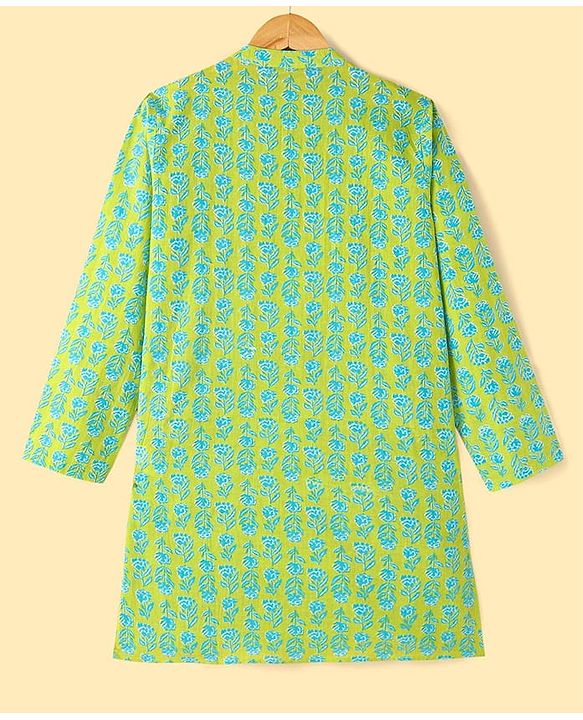 Pine Kids Cotton Woven Full Sleeves Kurta Pyjama Set with Floral Print - Lime Green