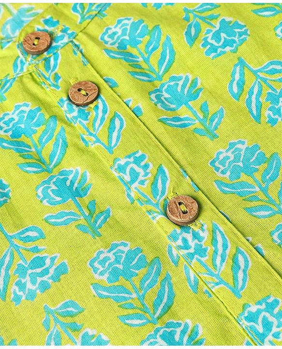 Pine Kids Cotton Woven Full Sleeves Kurta Pyjama Set with Floral Print - Lime Green