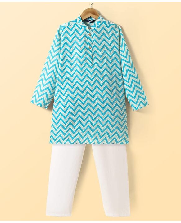 Pine Kids Cotton Woven Full Sleeves Kurta & Pyjama Set with  Print - Light Blue